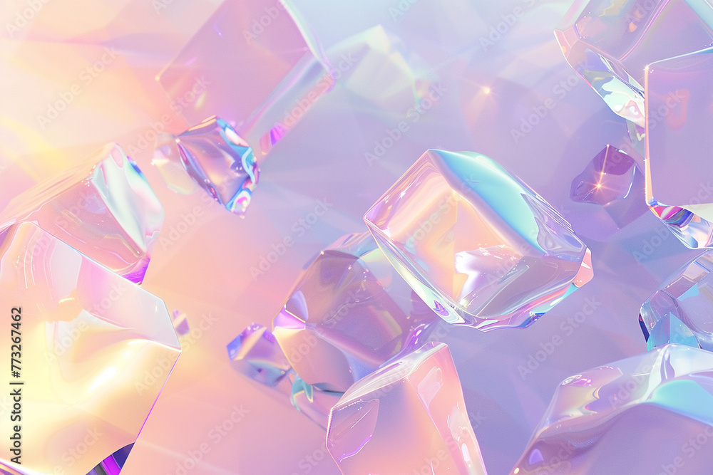 Poster ethereal 3d shapes in holographic form, floating in a space of soft pastel light and color, creating