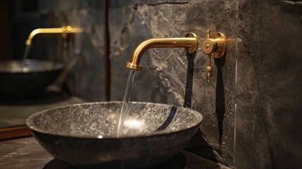 The calming scene of clear water flowing from a brass faucet into an elegant stone basin in a...