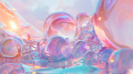 Fantastical holographic shapes in a 3D realm, where pastel colors and light intermingle to form a captivating abstract.