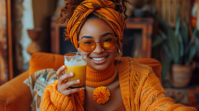 Smiling woman in orange attire with headwrap holding a glass of juice, cozy home interior background.