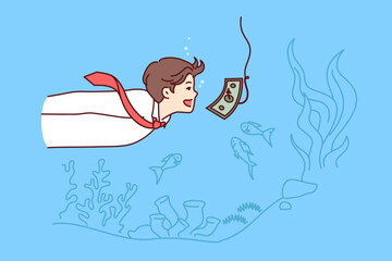 Money trap in front of business man swimming underwater with banknote on fishing rod hook. Guy will be tempted to fall into money trap due to desire to receive easy income or use loans