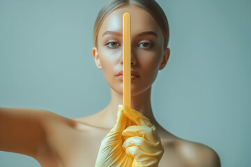 Portrait of a woman with waxing spatula for depilation procedure - obrazy, fototapety, plakaty