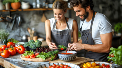 Happy couple preparing healthy salad with fresh vegetables in a rustic kitchen setting.