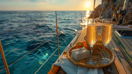 Luxury engagement ring on a sparkling golden box aboard a yacht at sunset with champagne glasses in...
