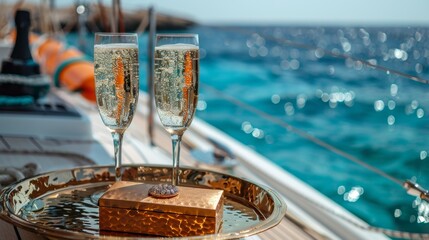 Luxury engagement ring on a sparkling golden box aboard a yacht at sunset with champagne glasses in the background.