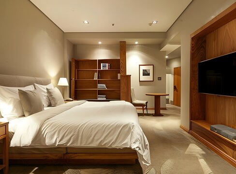 High quality photography of a modern hotel room with a large bed, a wooden bookcase and table, a television on the wall, a carpeted floor, bright lighting, and warm color tones
