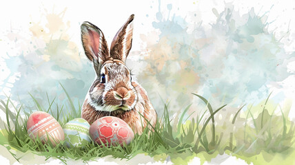 A rabbit amidst grass and Easter eggs in a painting. Beautiful simple AI generated image in 4K, unique.