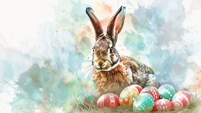 easter scene with a rabbit and eggs - watercolor airbrush clipart. Beautiful simple AI generated image in 4K, unique.