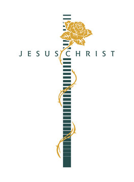 Vector illustration of stylized crucifix with the word Jesus Christ and stylized rose.