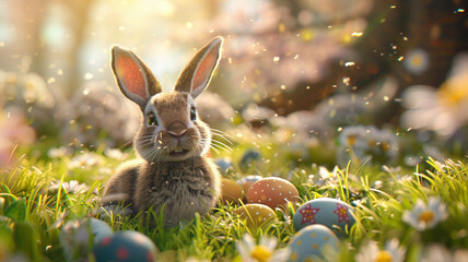 Fototapeta na wymiar Easter bunny and easter eggs on blurred background. Generative ai.. Beautiful simple AI generated image in 4K, unique.
