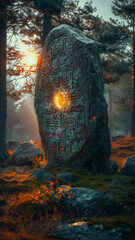 big stone with a cave in the middle, covered with runic scriptures, sunrise behind in the background,generative ai