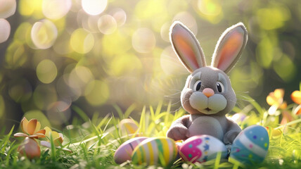Many Happy smiling Easter Bunnies with many colorful easter eggs. Beautiful simple AI generated image in 4K, unique.