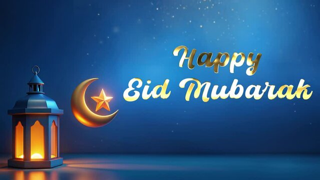 happy eid mubarak with crescent moon and star objects and lantern lights