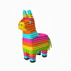 Traditional multi colored Mexican party pinata on a white background