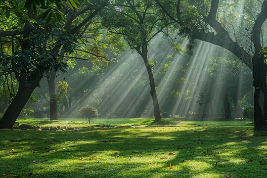 Sunbeams streaming through the foliage of trees, casting dappled shadows on the ground, english garden. The sun brightly shines through the crooked branches of a majestic green tree. Mystic morning
