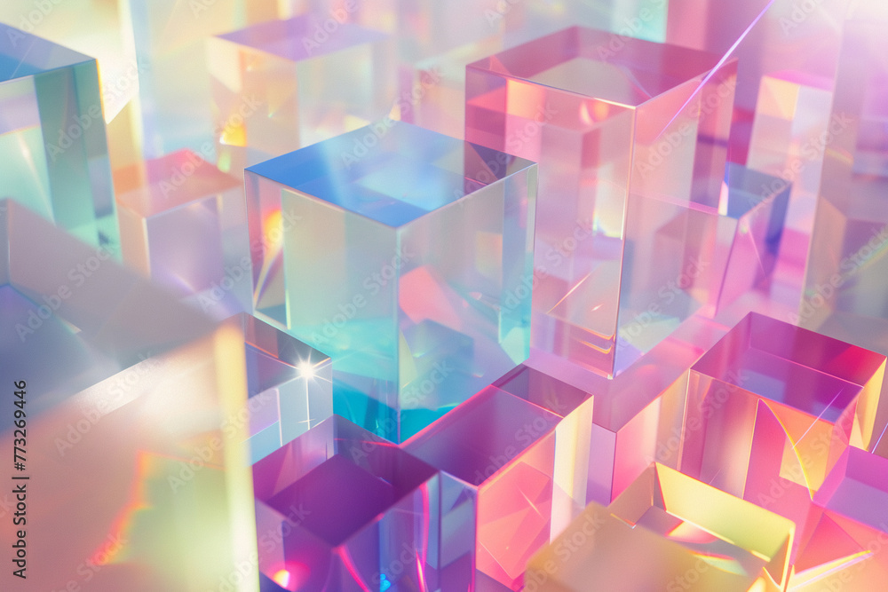 Poster glowing 3d shapes in a holographic setting, with a fusion of pastel colors and light creating a uniq