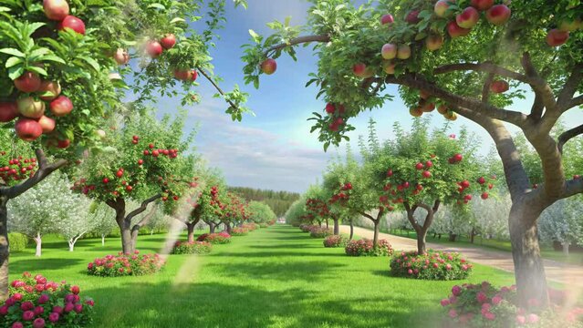 apple trees that are bearing heavy fruit with green grass and lush apple trees
