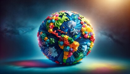 A widescreen image that depicts the planet Earth, crafted entirely from colorful origami paper. The image should capture the vibrant and nitric.