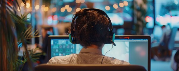 Concentrated call center operator wearing headset with microphone on ears and looking at screen helping client on the other end of the line