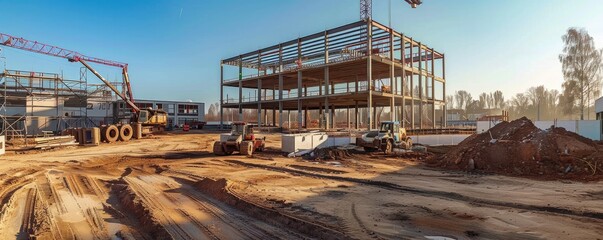 A panoramic view of a busy construction site with large cranes and steel framework of a future building.