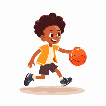 Cute African American boy playing basketball, happy little boy playing basketball vector Illustration