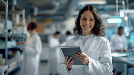 Confident female scientist with tablet computer in modern laboratory. Professional, focused, innovation in science and technology research. AI