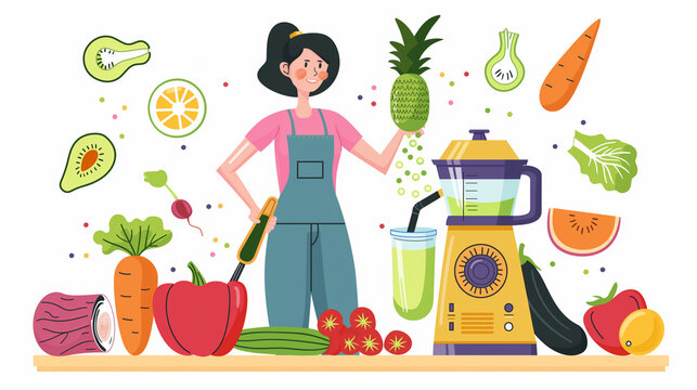 Mulher fazendo vitamina com frutas no liquidificado - Ilustração 