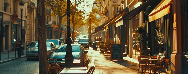 An inviting Parisian cafe with empty chairs and tables bathed in sunlight offers a peaceful city setting. - obrazy, fototapety, plakaty