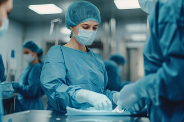 Team of doctors or surgeons in hospital surgical department working in emergency room, medical concept.