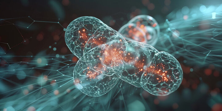 A digital illustration of two cells merging,  cell on microscope, virus cells, human cells, close up of bacteria and virus cells in a scientific microscopic laboratory.