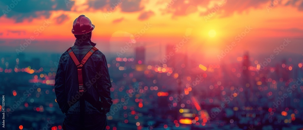 Poster The silhouette of an engineer is issuing standing orders for construction crews to work on high ground heavy industry over an abstract natural background of sunset pastel shades