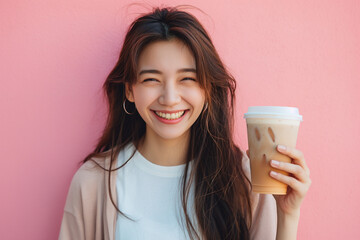 Portrait of a positive smiling woman in casual suit with coffee to go looking at the camera isolated on pink background. - obrazy, fototapety, plakaty