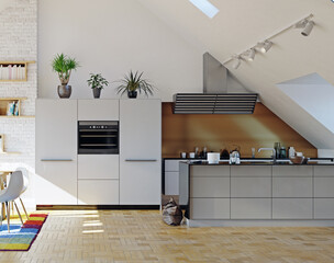 modern attic kitchen interior - 773270681