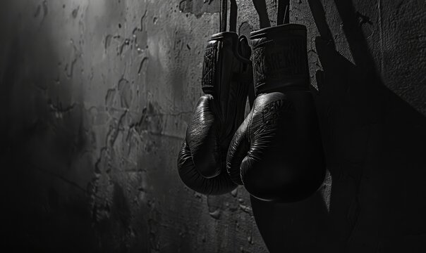 A powerful monochrome image showing a pair of worn boxing gloves symbolizing strength and combat sport.