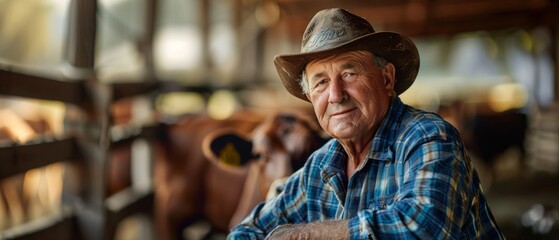 A mature farmer poses in a cowshed