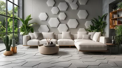Fotobehang light gray relief hexagon tiles © natalikp