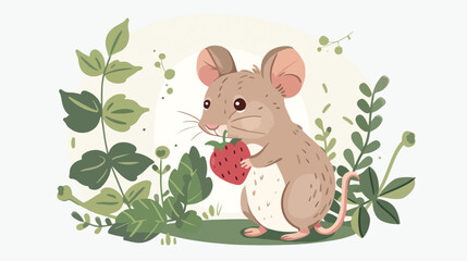 Illustration with a cute mouse carrying a red strawberry