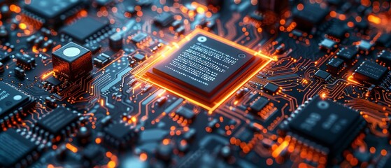 The orange and blue circuit board and html code describe technological processes. Can be used to explain science, education and technology. - obrazy, fototapety, plakaty