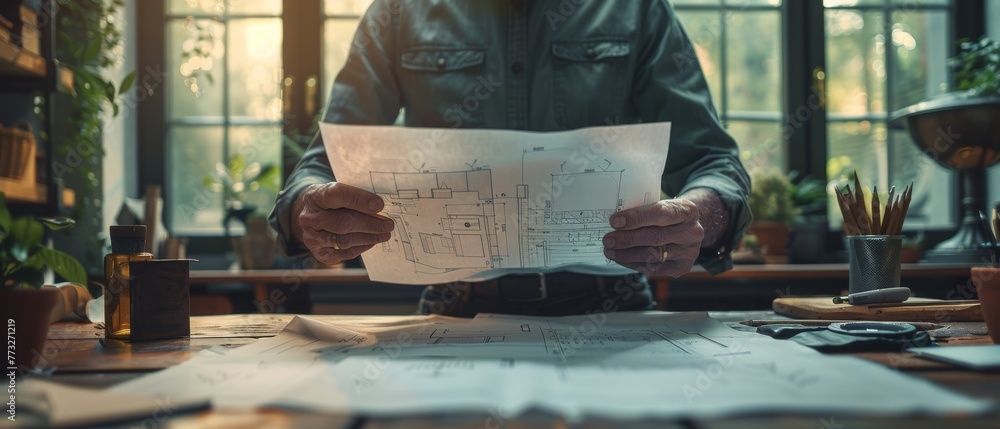 Poster architect on laptop with blueprints, engineer inspecting architectural plans at work, sketching cons