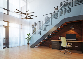 modern home office interior. - obrazy, fototapety, plakaty