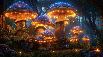Garden of giant luminescent mushrooms offering wisdom to those who dare to listen