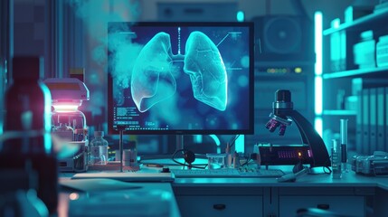 Dramatic moody lighting in a scifi lab focusing on nanobot lung cancer treatment , 3D illustration - obrazy, fototapety, plakaty