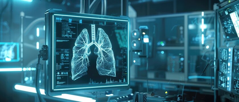 Futuristic lung cancer treatment using nanobots, showcased in a moodylit scifi lab , 3D illustration