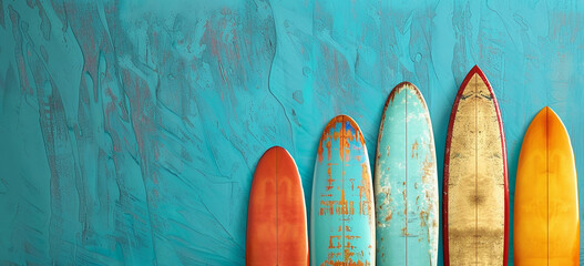 surf party concept. colorful surfboards on an isolated pastel blue background with copy space
