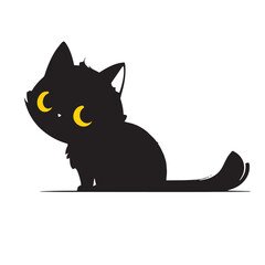 Vector illustration of cute black cat with yellow eyes.Black cat silhouette. Big yellow eyes. Cute cartoon character. animal collection. Happy Halloween. Flat design. white background. cat vector logo