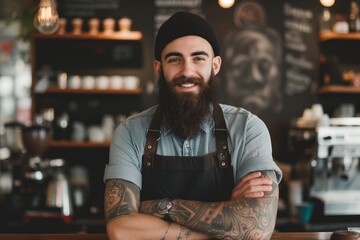 young bearded barista in a small coffee shop stands with his arms crossed