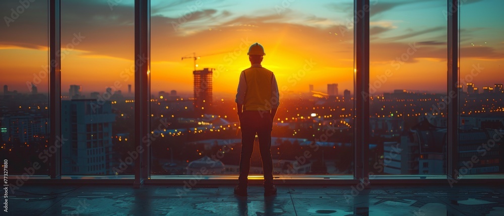 Poster objects at a construction site with partners interacting in the background. two businessmen at a con
