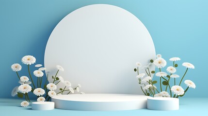 White colored mosaic podium for product display. White colored flowers for decoration.  
