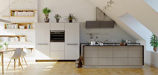 modern attic kitchen interior - 773271886