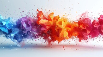 Abstract geometric explosion of 3D polygons on a white background